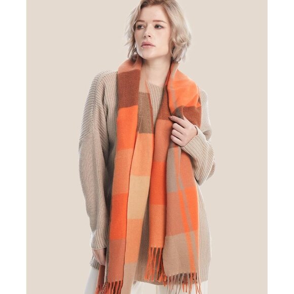 Women Orange & Gray Winter Warm Shawl Wraps Tartan Blanket Oversized Scarves - Picture 2 of 6